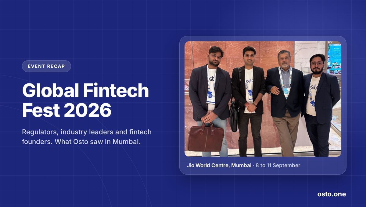 The Osto team with an industry leader at Global Fintech Fest 2026 at Jio World Centre, Mumbai